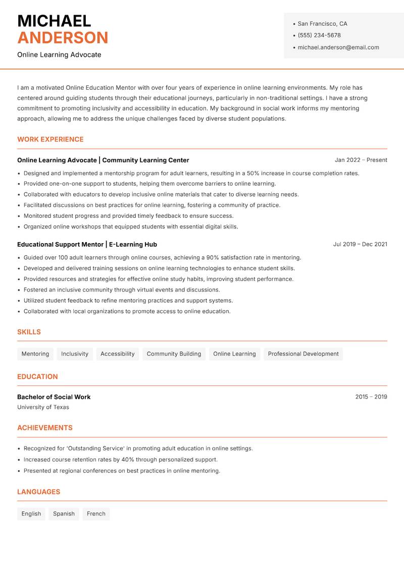 Online Education Mentor resume sample — Online Learning Advocate focus
