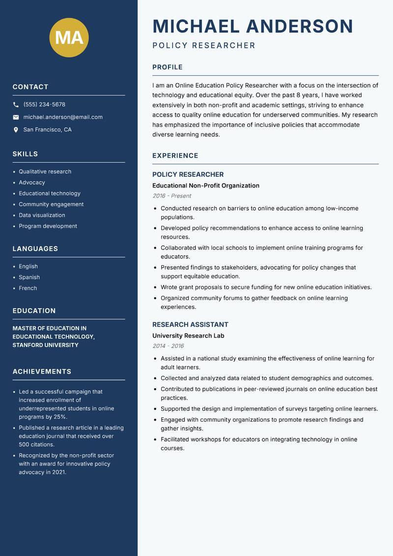 Online Education Policy Researcher resume sample — Policy Researcher focus