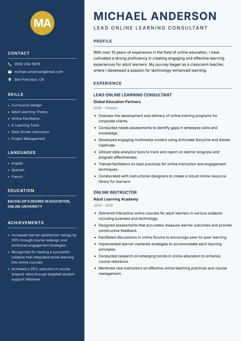 Online Education Practitioner resume sample — Lead Online Learning Consultant focus