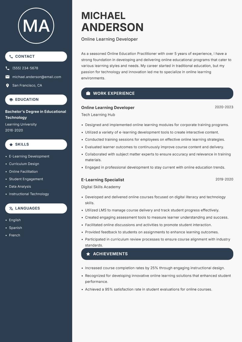 Online Education Practitioner resume sample — Online Learning Developer focus