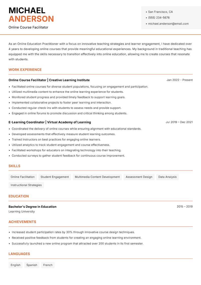 Online Education Practitioner resume sample — Online Course Facilitator focus