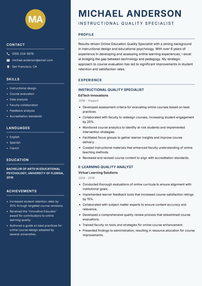 Online Education Quality Specialist resume sample — Instructional Quality Specialist focus