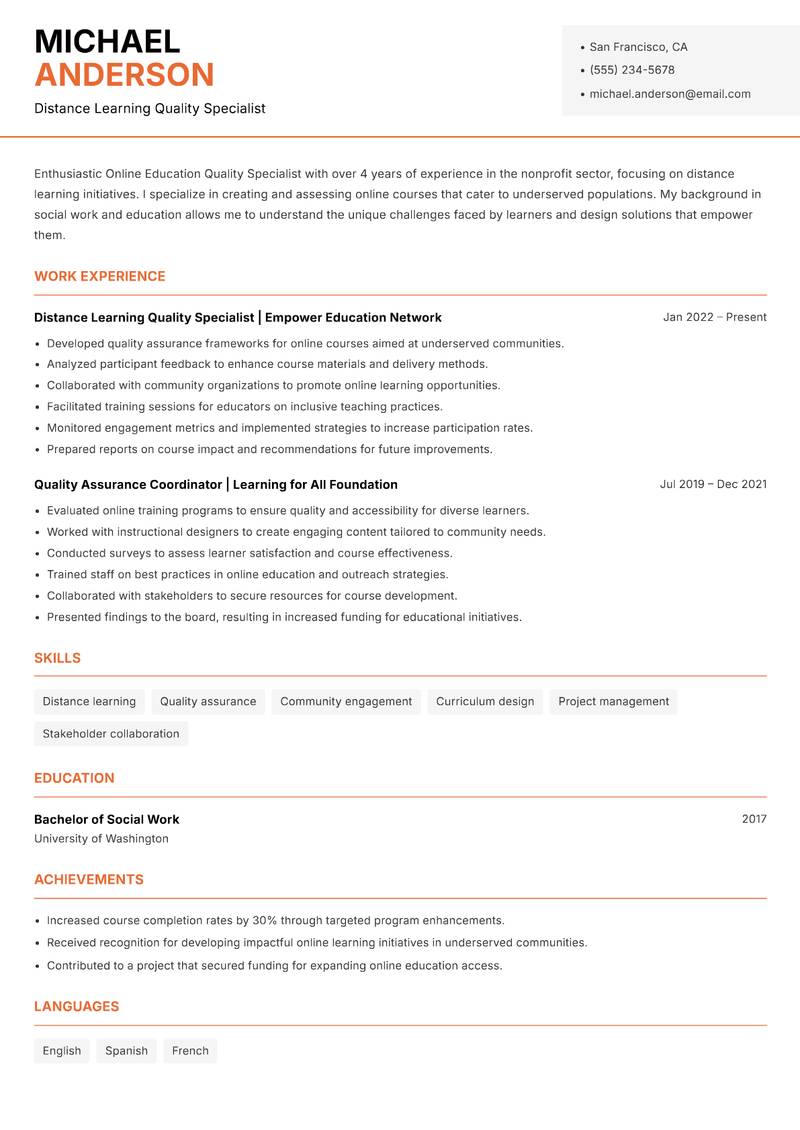 Online Education Quality Specialist resume sample — Distance Learning Quality Specialist focus