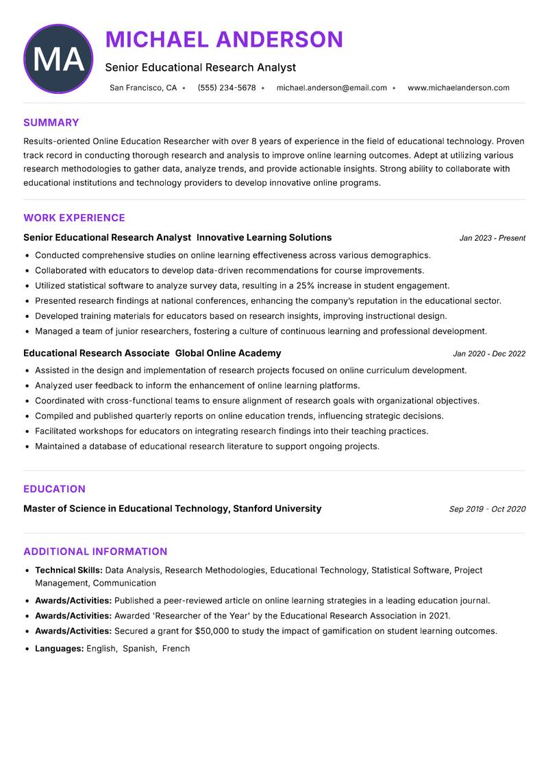 Online Education Researcher resume example