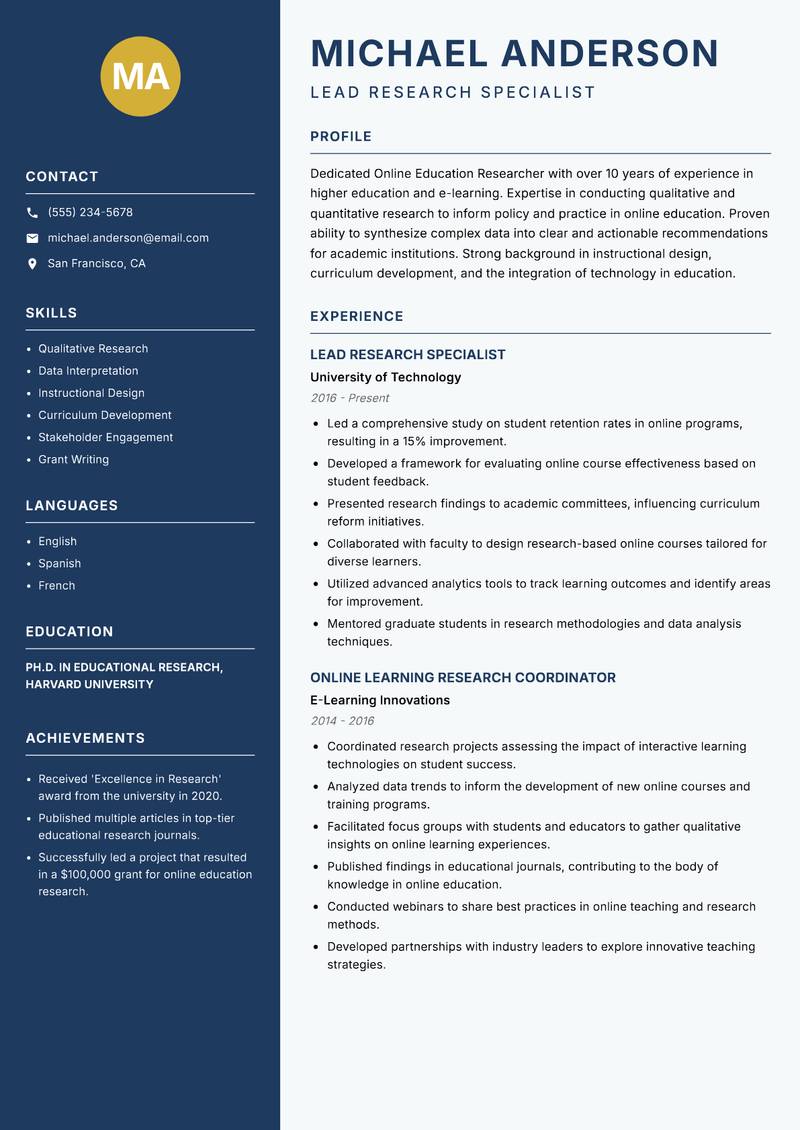 Online Education Researcher resume sample — Lead Research Specialist focus