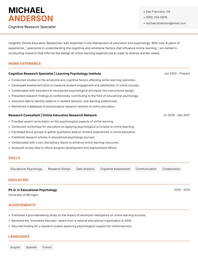 Online Education Researcher resume sample — Cognitive Research Specialist focus