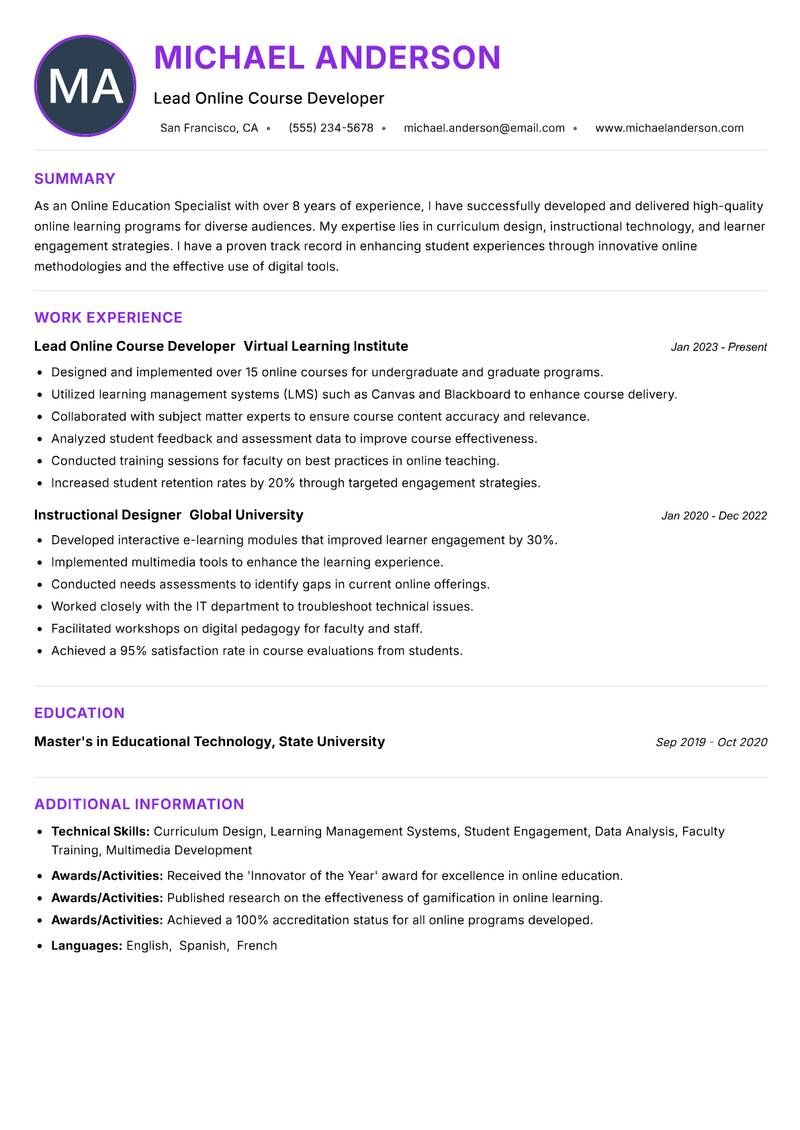 Online Education Specialist resume example