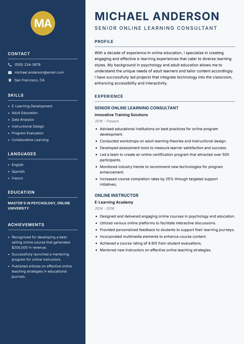 Online Education Specialist resume sample — Senior Online Learning Consultant focus