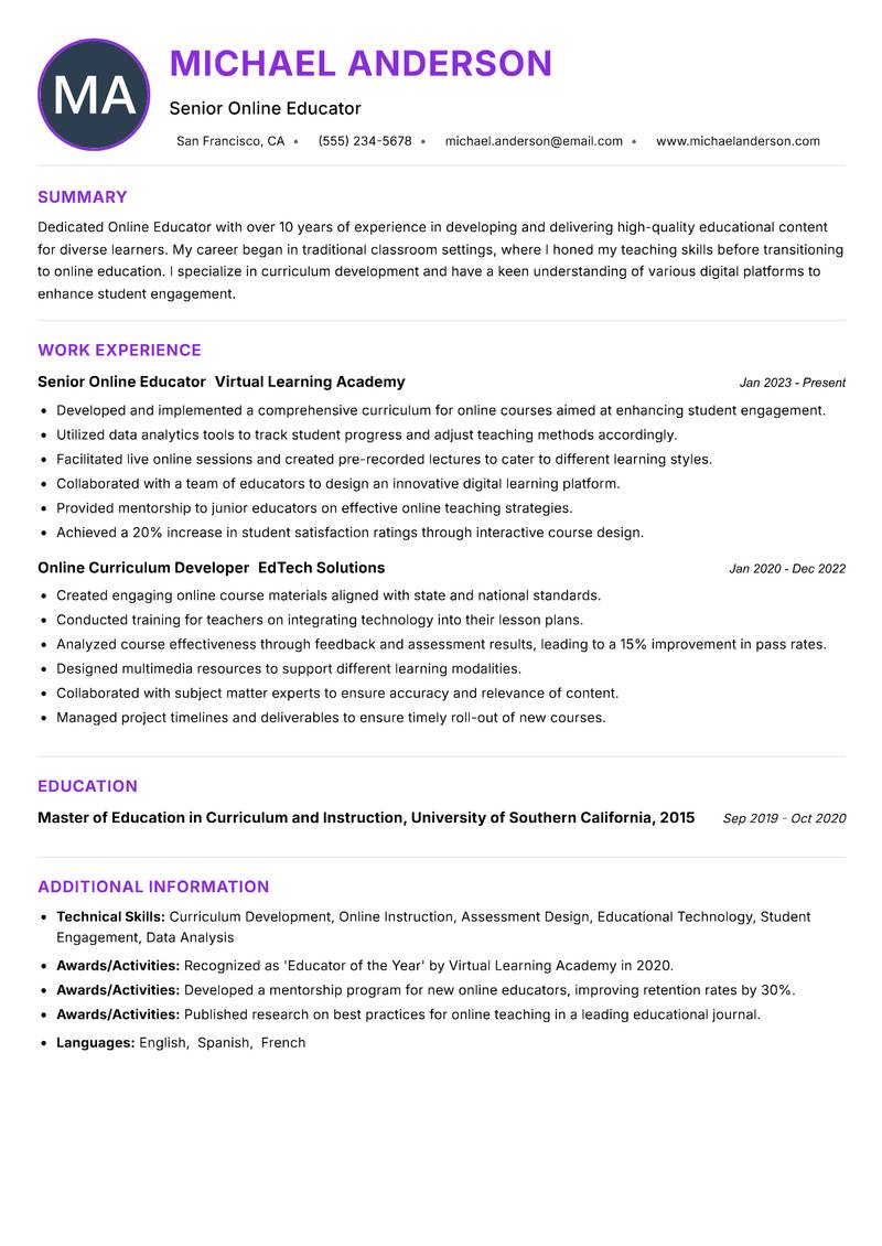 Online Educator resume example