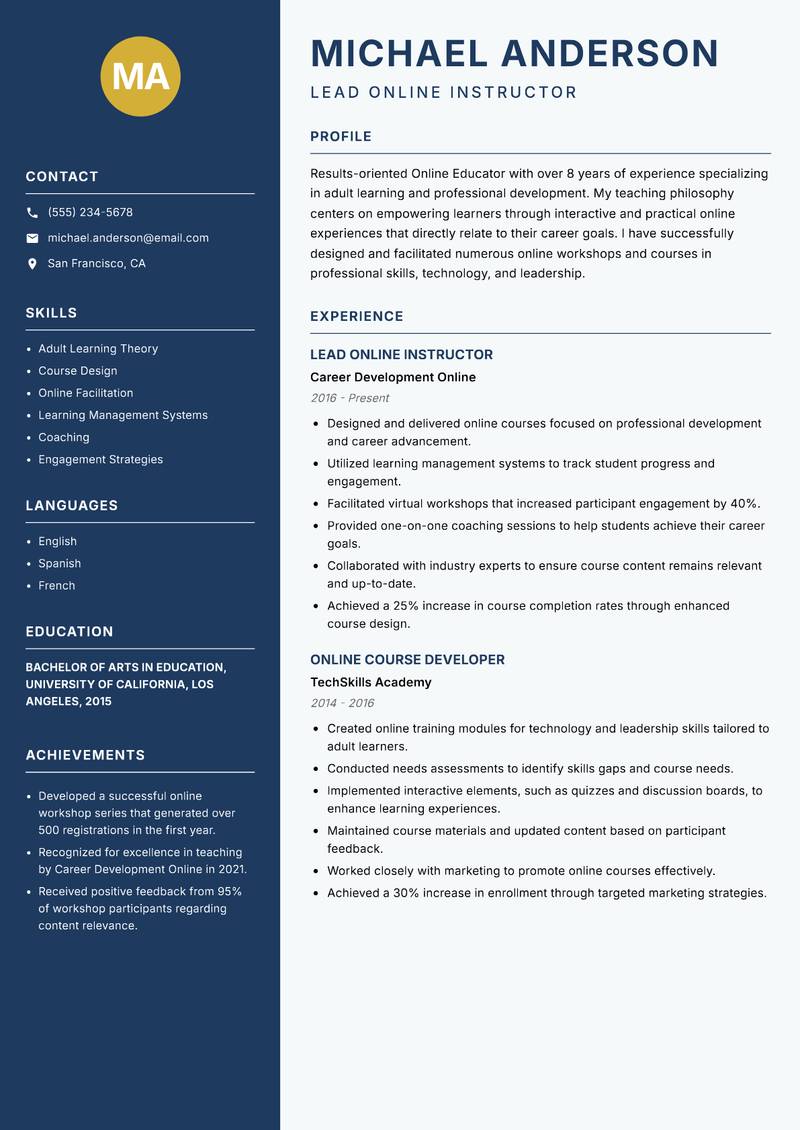 Online Educator resume sample — Lead Online Instructor focus