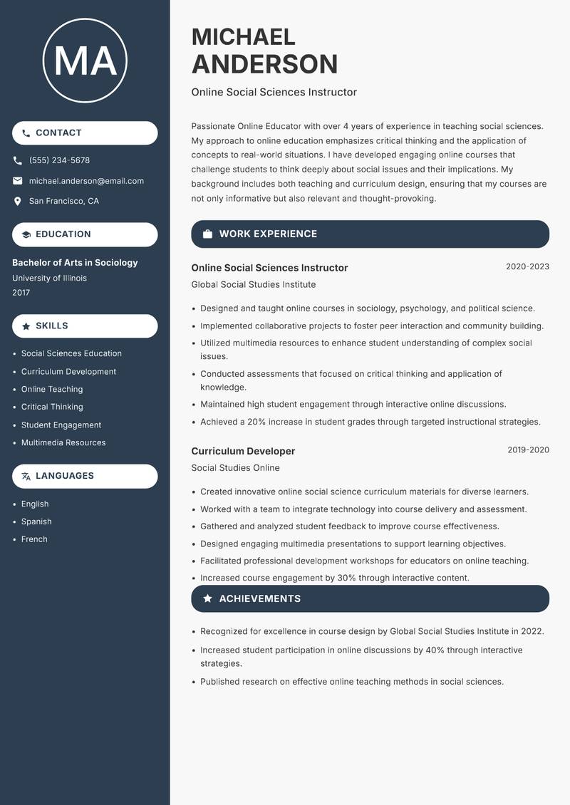 Online Educator resume sample — Online Social Sciences Instructor focus