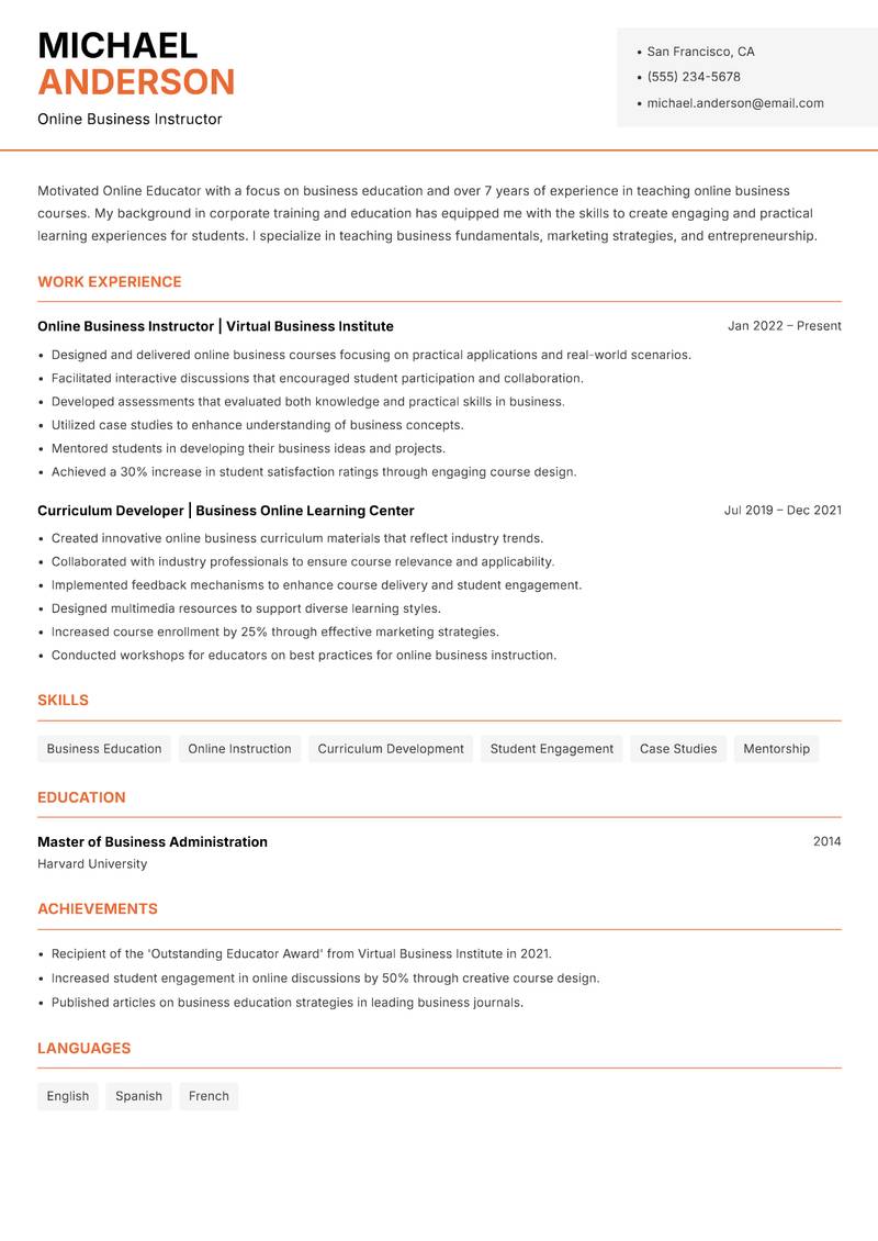 Online Educator resume sample — Online Business Instructor focus