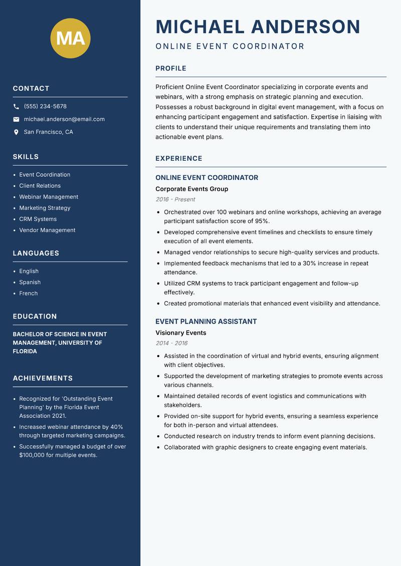 Online Event Coordinator resume sample — Online Event Coordinator focus