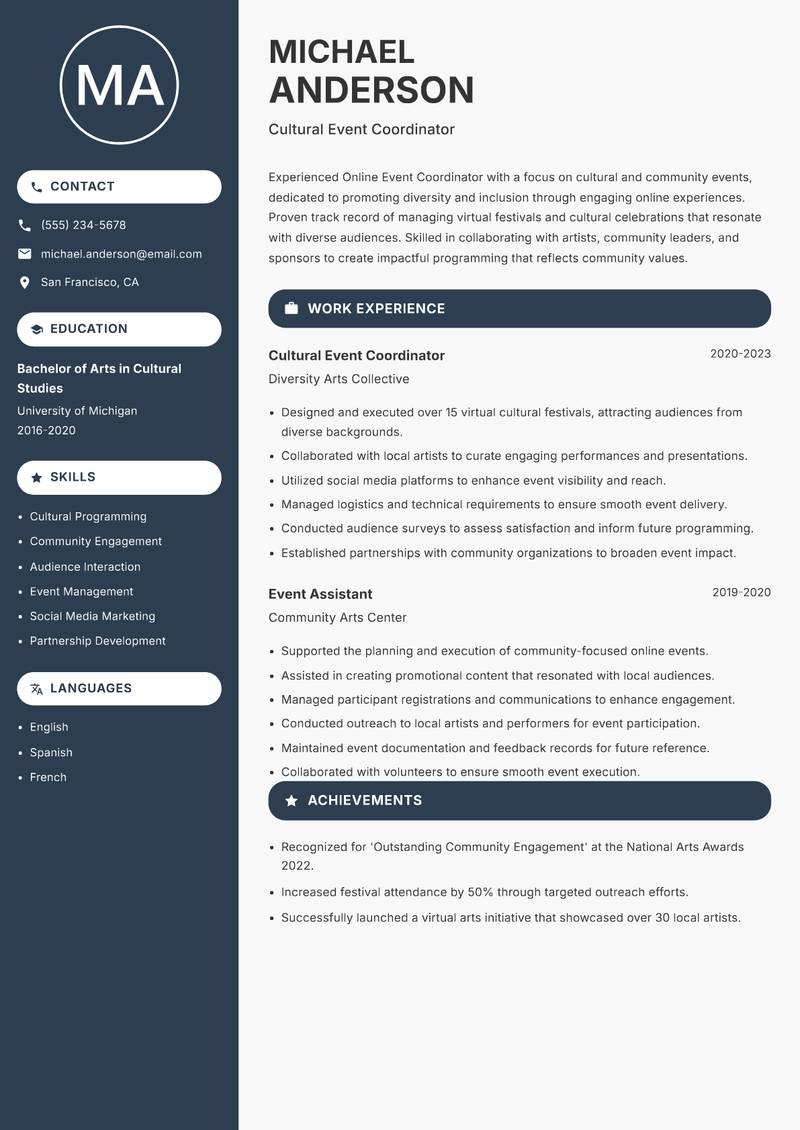 Online Event Coordinator resume sample — Cultural Event Coordinator focus