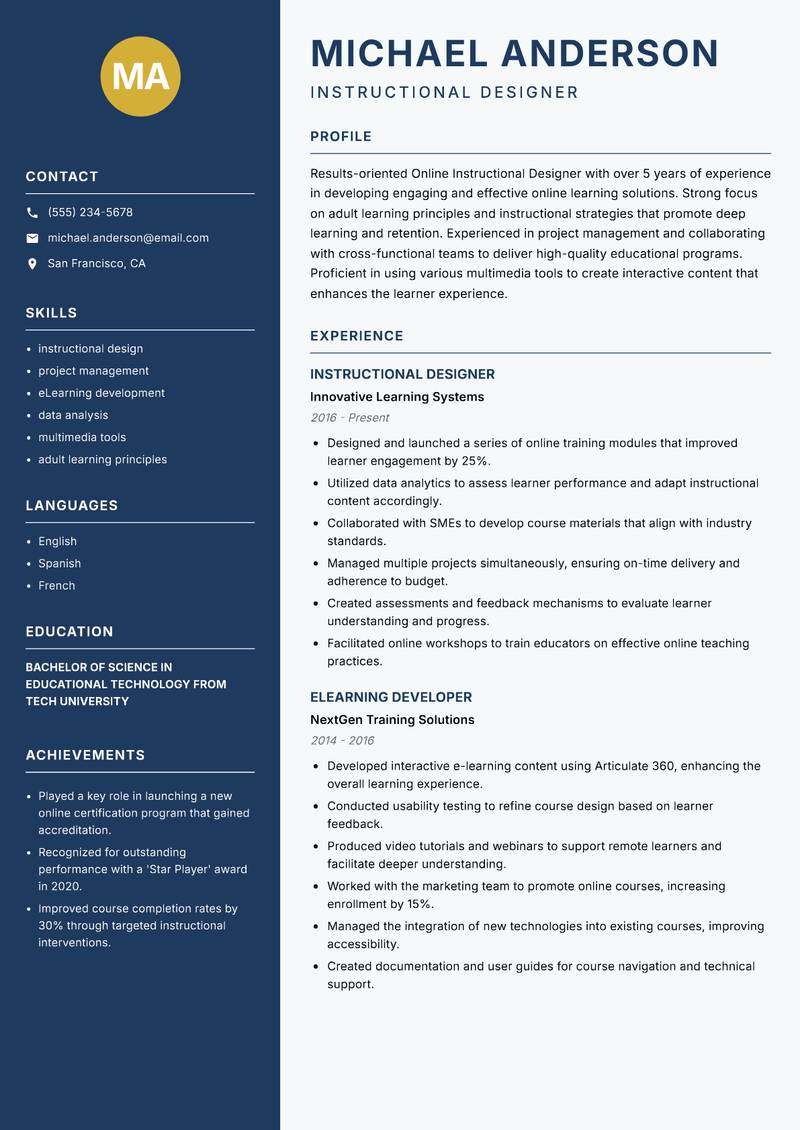 Online Instructional Designer resume sample — Instructional Designer focus