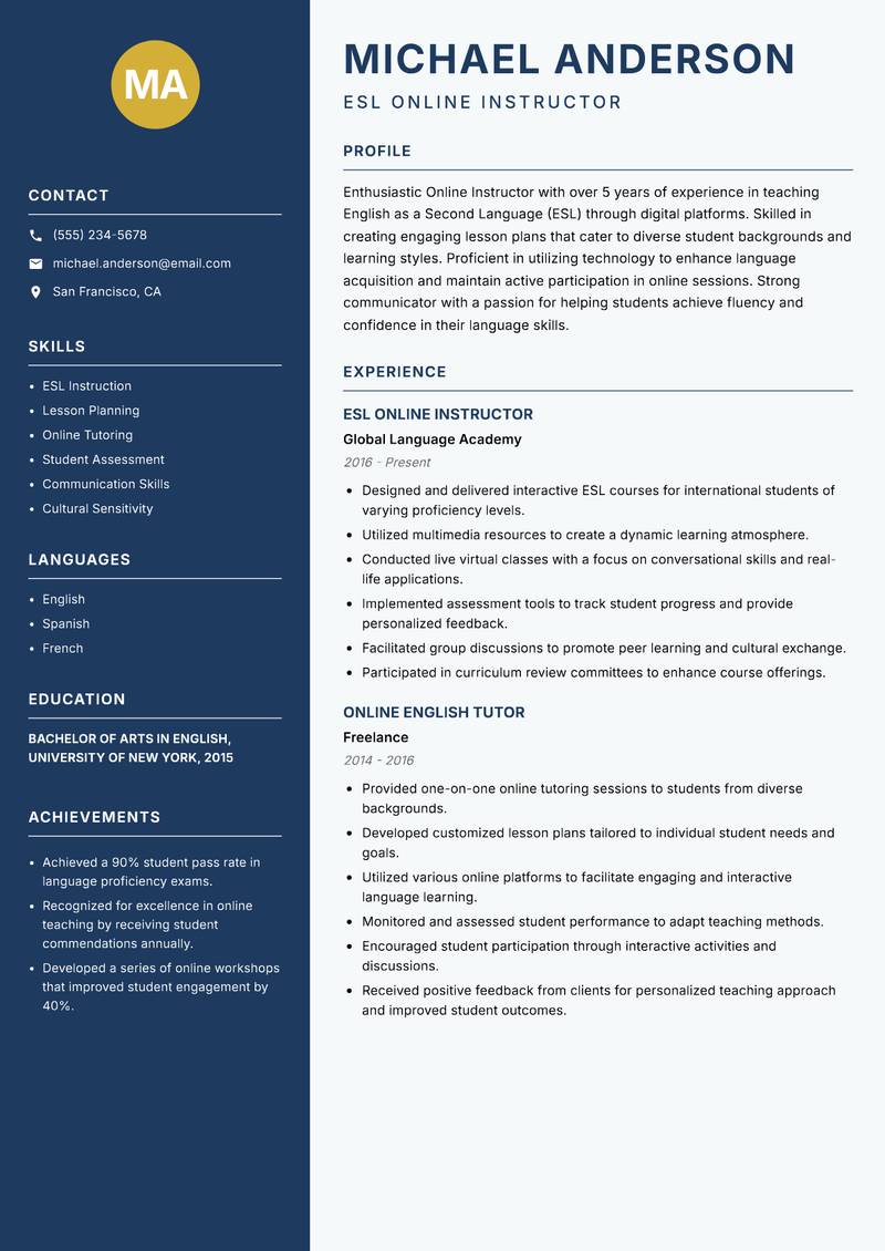 Online Instructor resume sample — ESL Online Instructor focus