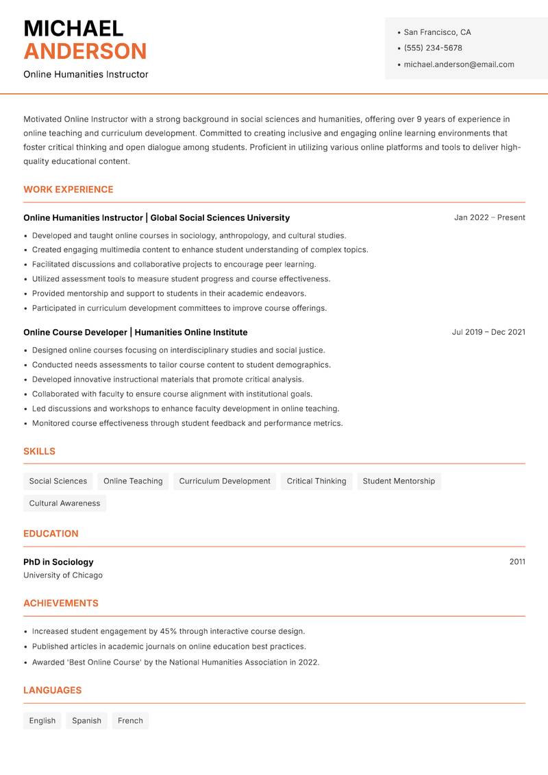 Online Instructor resume sample — Online Humanities Instructor focus