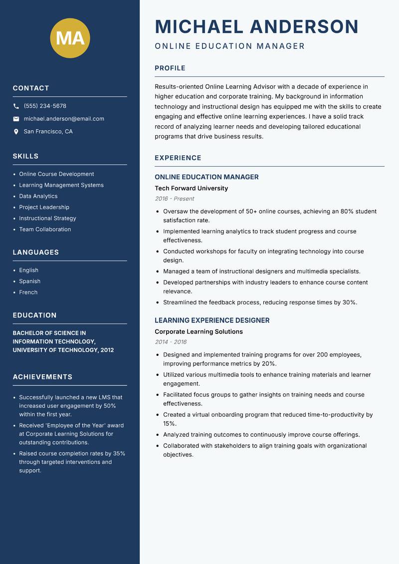 Online Learning Advisor resume sample — Online Education Manager focus