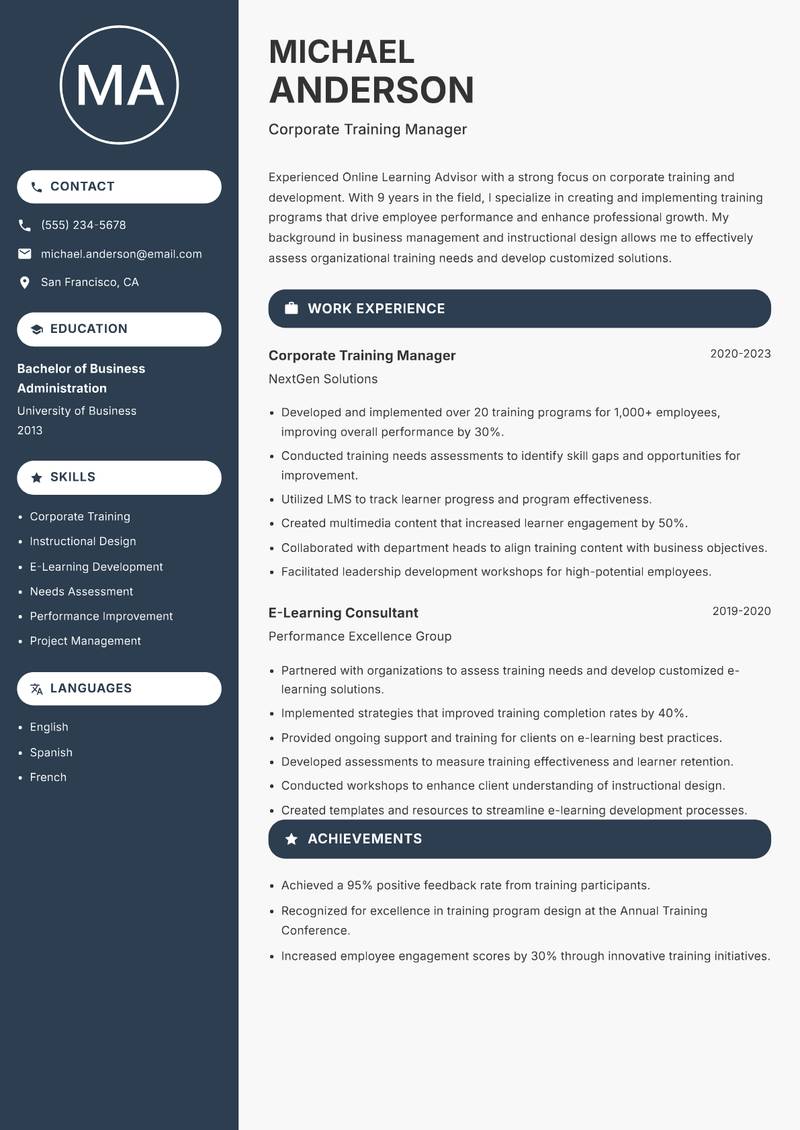 Online Learning Advisor resume sample — Corporate Training Manager focus