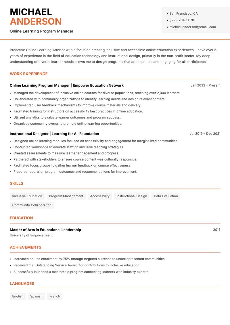 Online Learning Advisor resume sample — Online Learning Program Manager focus