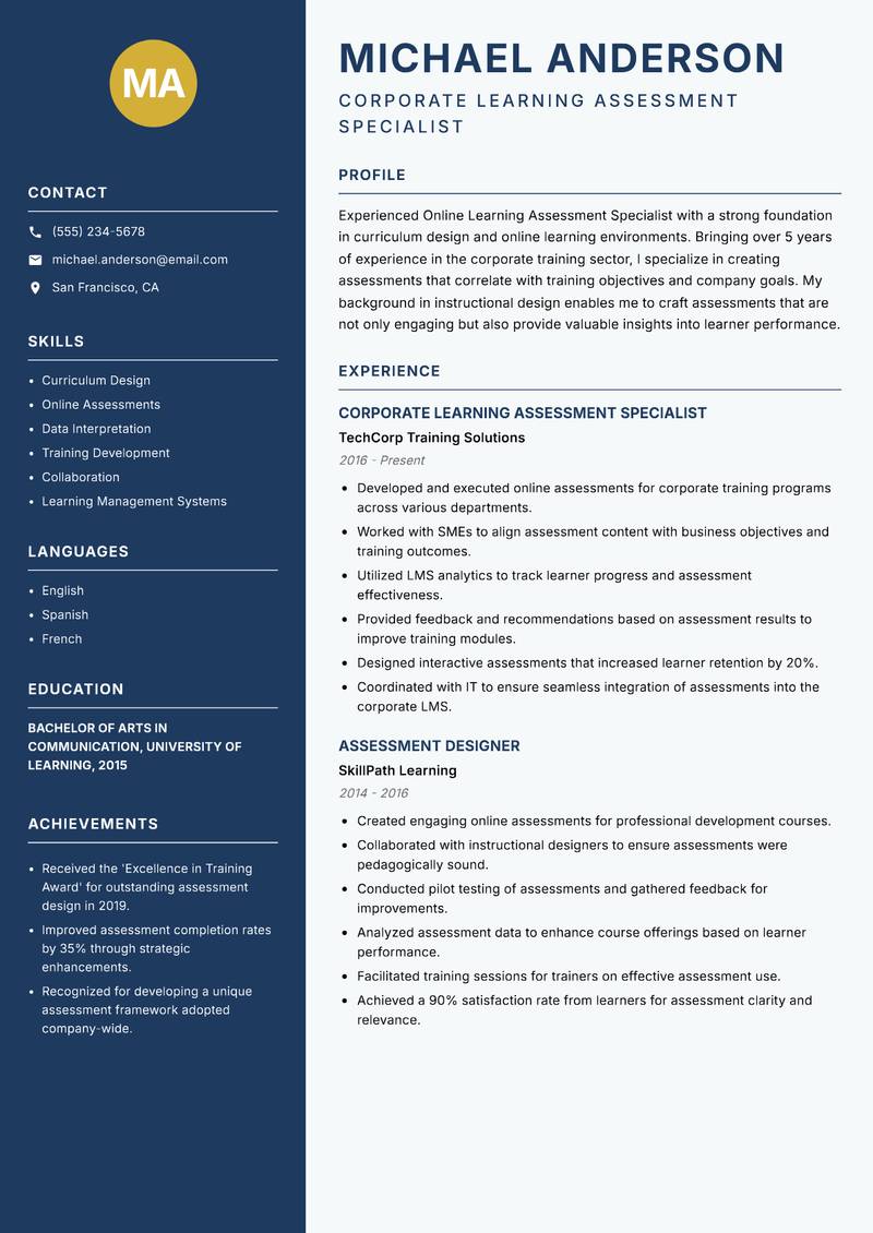 Online Learning Assessment Specialist resume sample — Corporate Learning Assessment Specialist focus