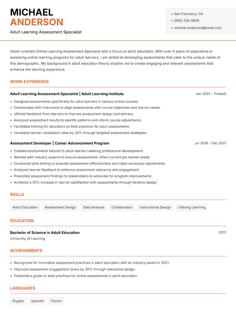 Online Learning Assessment Specialist resume sample — Adult Learning Assessment Specialist focus