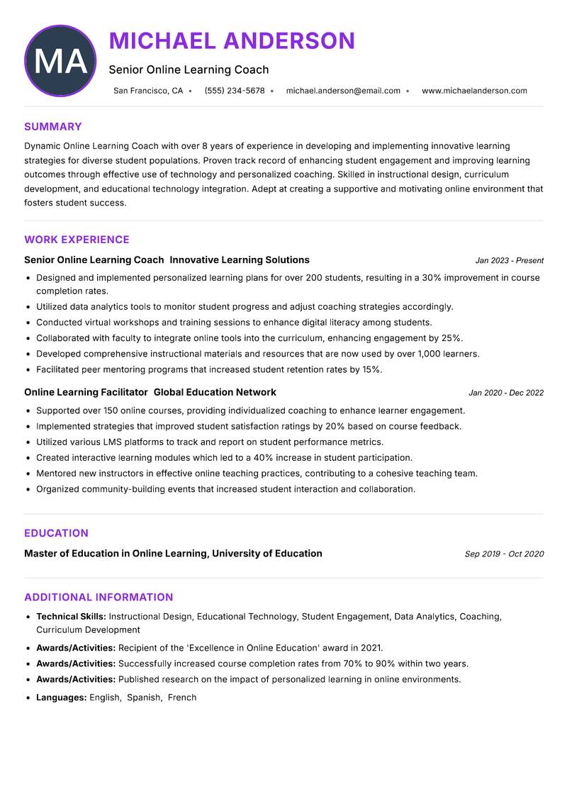 Online Learning Coach resume example