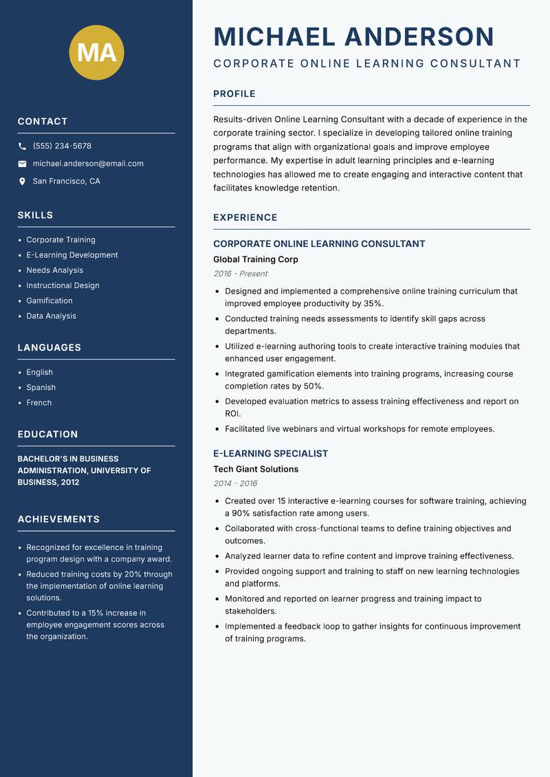 Online Learning Consultant resume sample — Corporate Online Learning Consultant focus