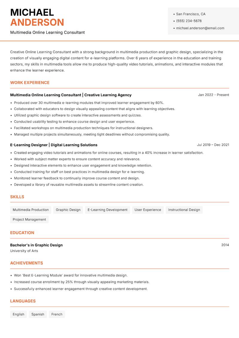 Online Learning Consultant resume sample — Multimedia Online Learning Consultant focus