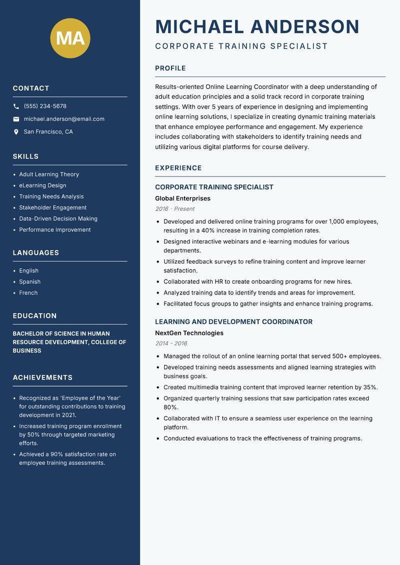 Online Learning Coordinator resume sample — Corporate Training Specialist focus