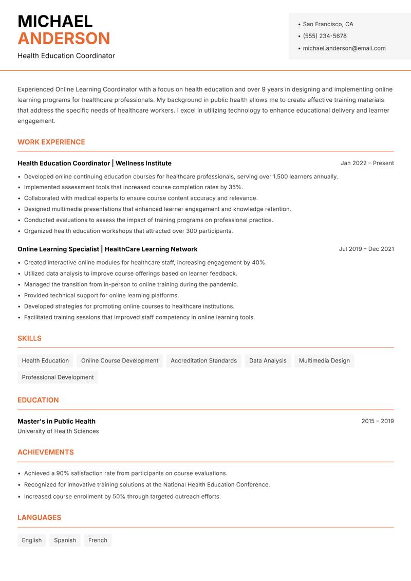 Online Learning Coordinator resume sample — Health Education Coordinator focus