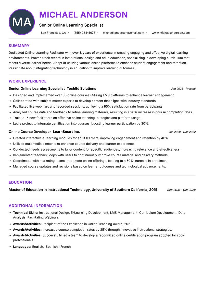 Online Learning Facilitator resume example