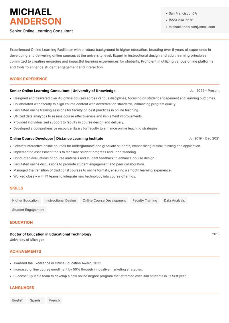 Online Learning Facilitator resume sample — Senior Online Learning Consultant focus