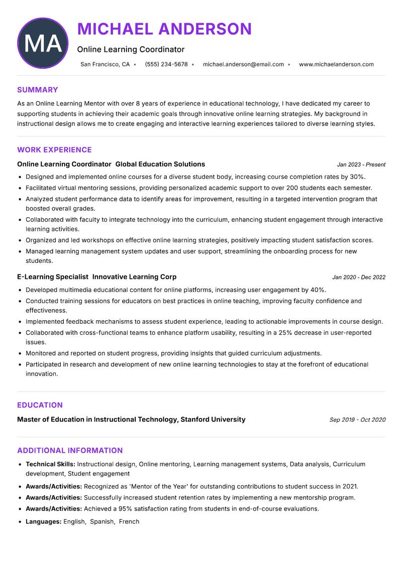 Online Learning Mentor resume example