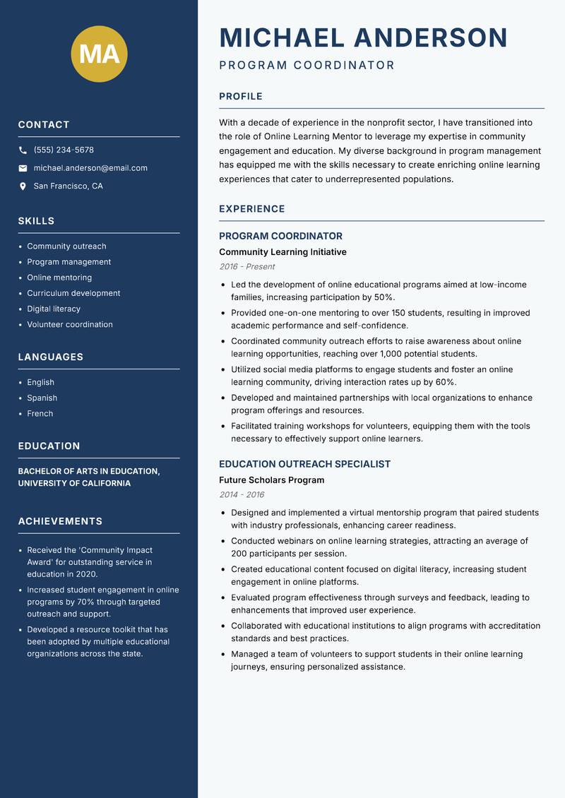 Online Learning Mentor resume sample — Program Coordinator focus