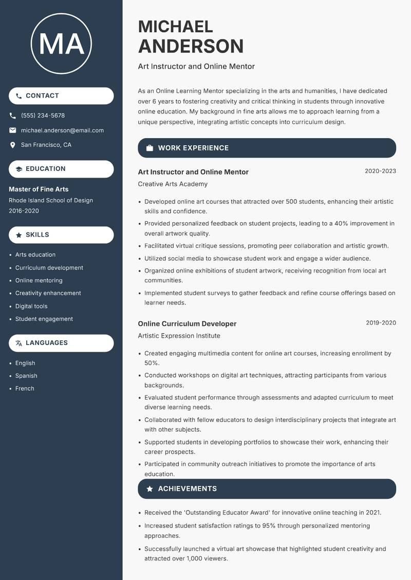 Online Learning Mentor resume sample — Art Instructor and Online Mentor focus