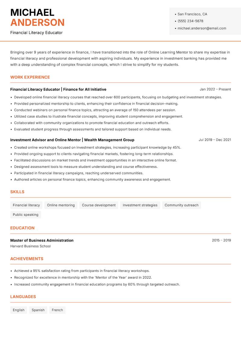 Online Learning Mentor resume sample — Financial Literacy Educator focus