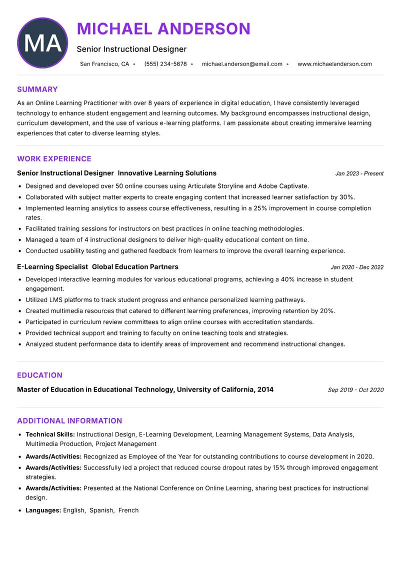 Online Learning Practitioner resume example