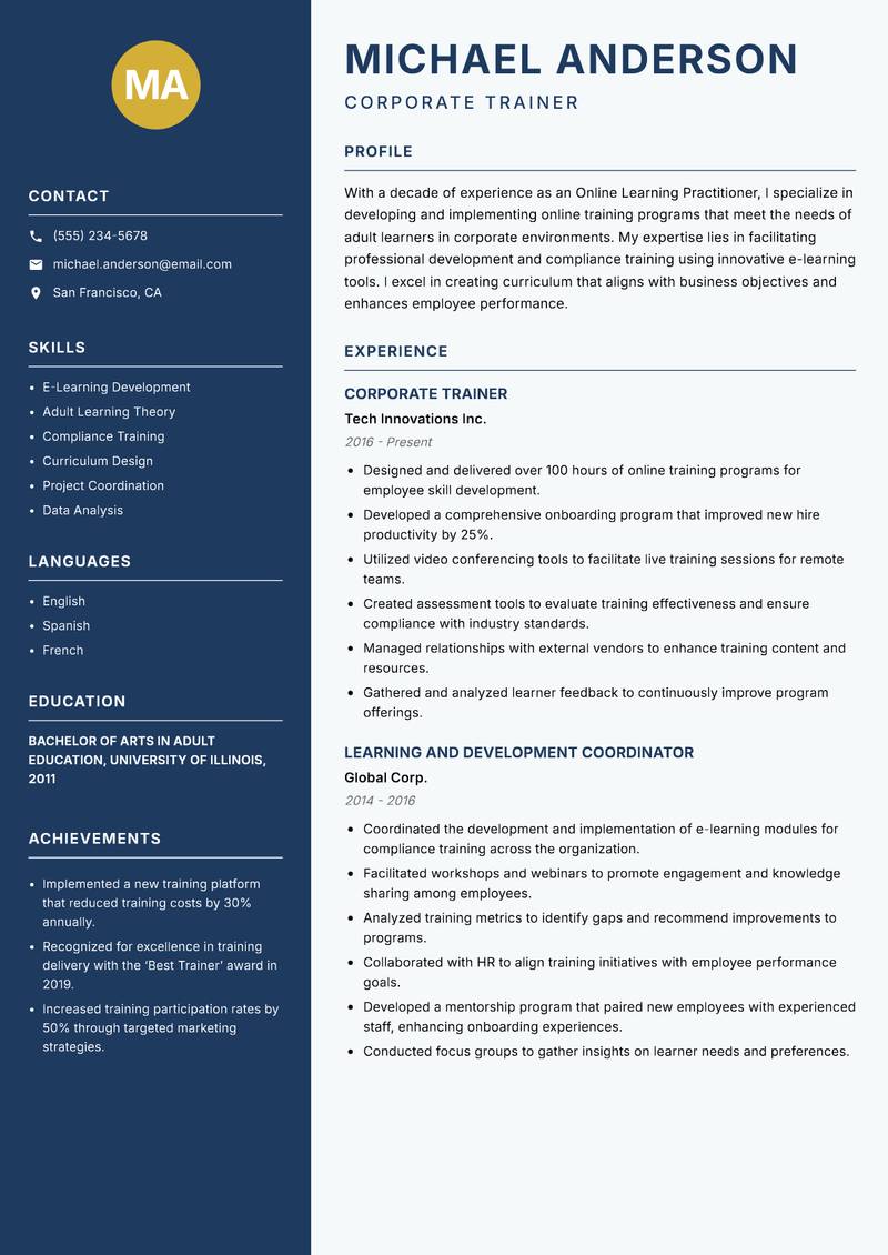 Online Learning Practitioner resume sample — Corporate Trainer focus