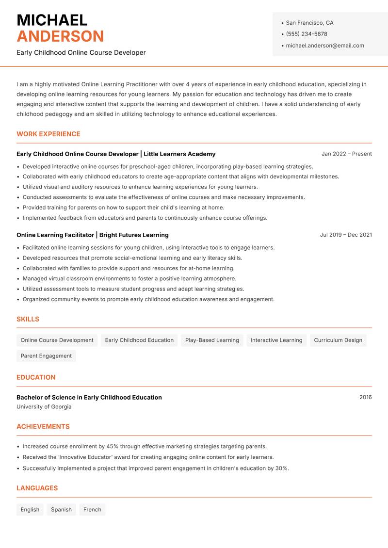 Online Learning Practitioner resume sample — Early Childhood Online Course Developer focus