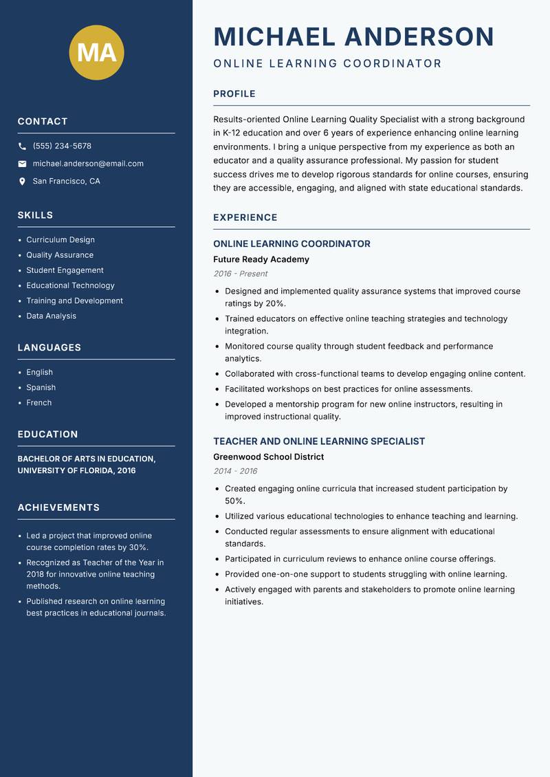 Online Learning Quality Specialist resume sample — Online Learning Coordinator focus