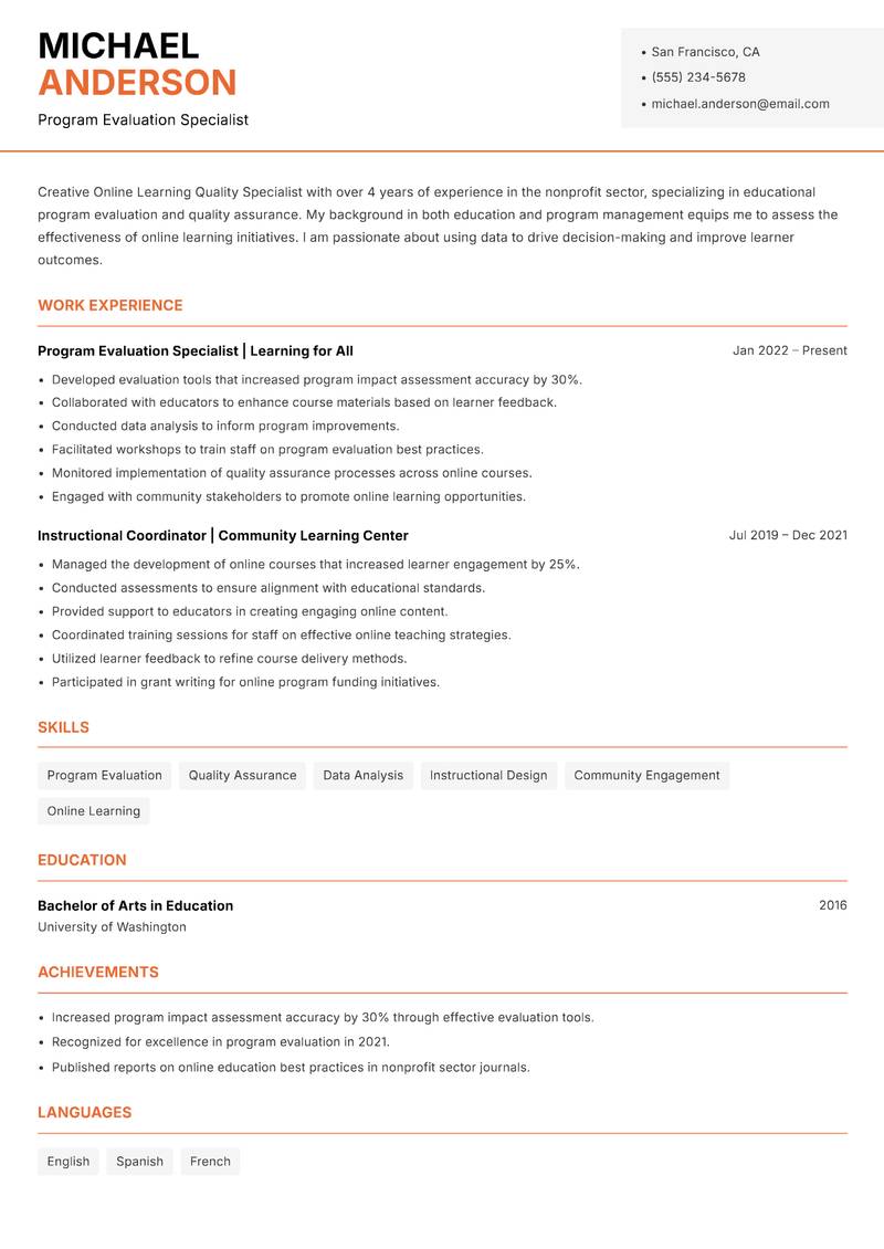 Online Learning Quality Specialist resume sample — Program Evaluation Specialist focus