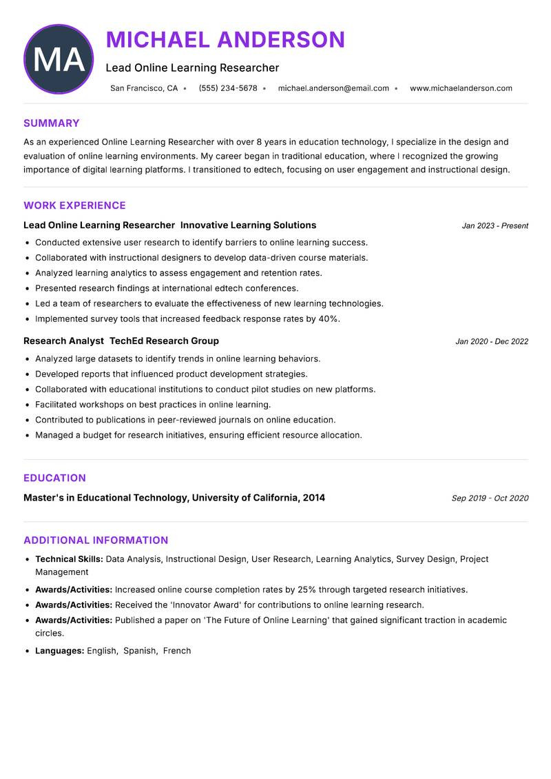 Online Learning Researcher resume example