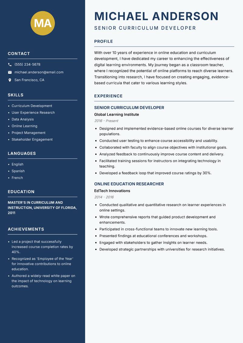 Online Learning Researcher resume sample — Senior Curriculum Developer focus