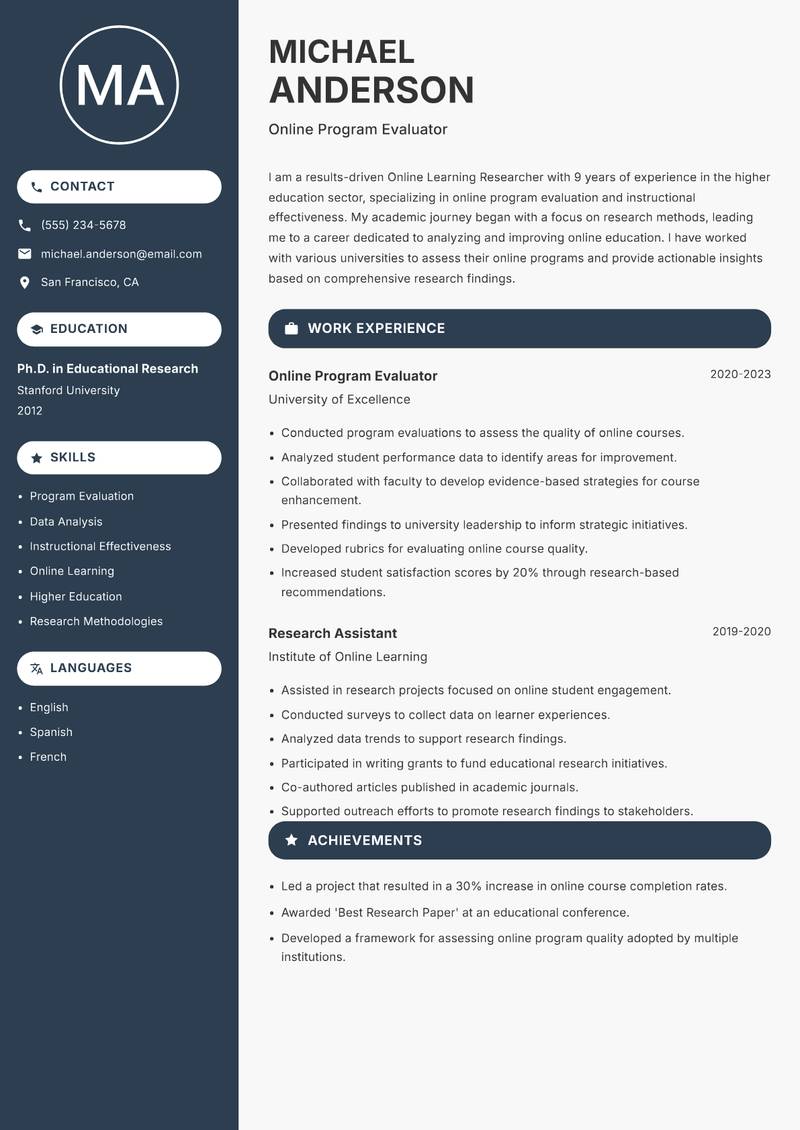 Online Learning Researcher resume sample — Online Program Evaluator focus
