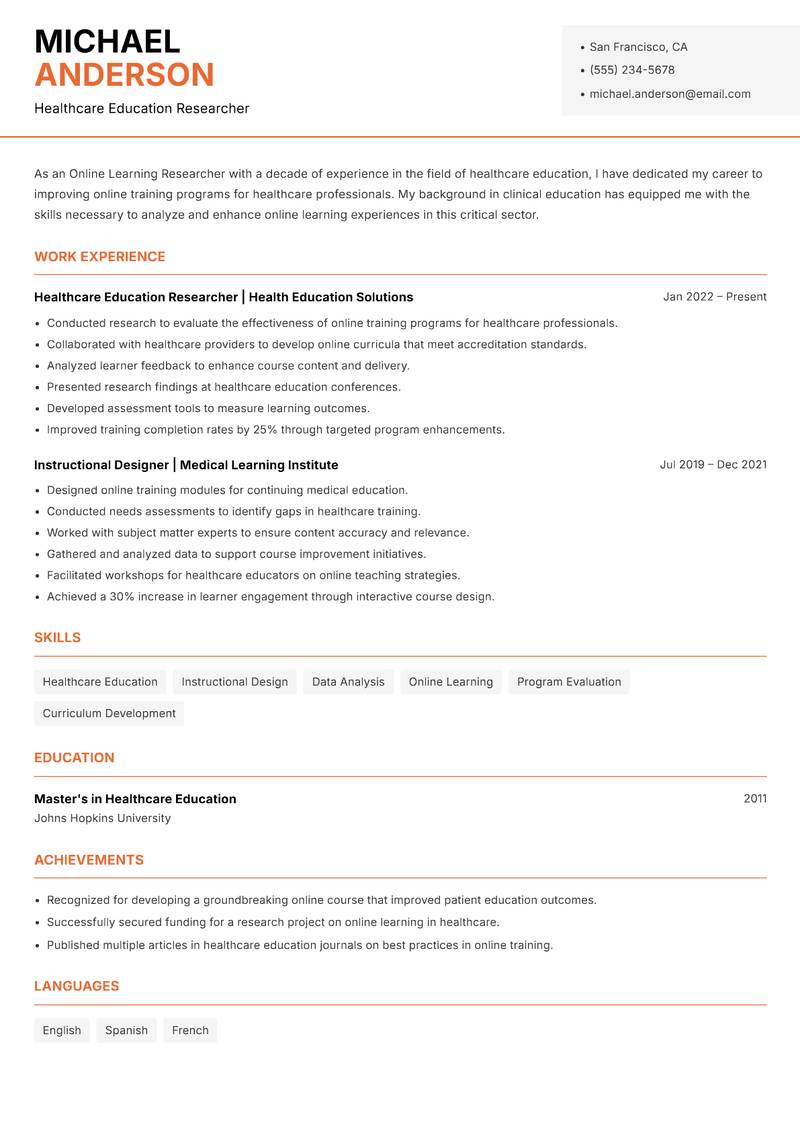 Online Learning Researcher resume sample — Healthcare Education Researcher focus