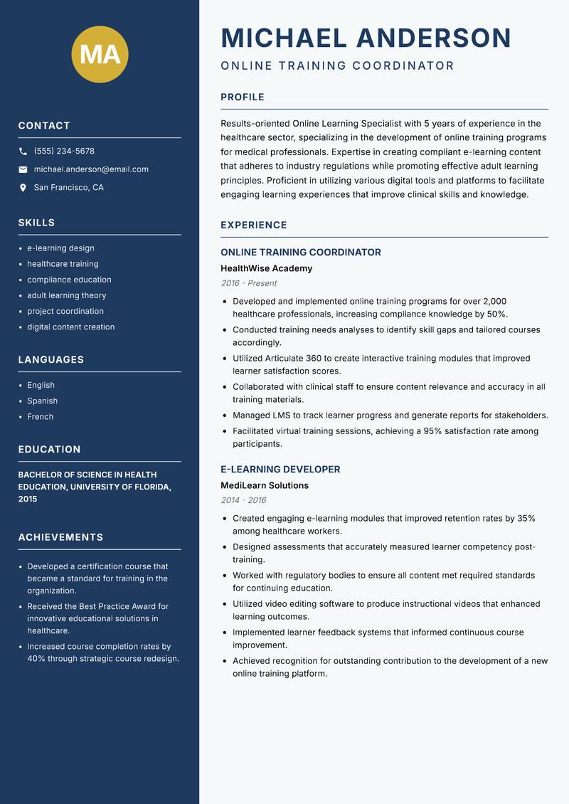 Online Learning Specialist resume sample — Online Training Coordinator focus
