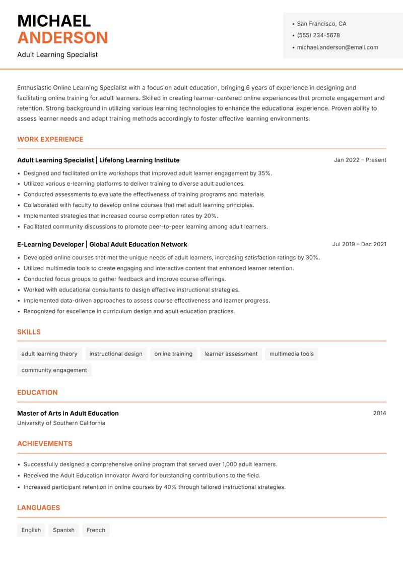 Online Learning Specialist resume sample — Adult Learning Specialist focus