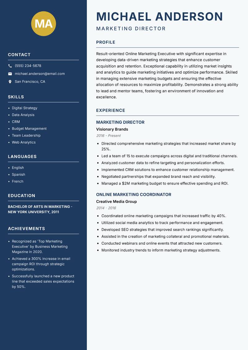Online Marketing Executive resume sample — Marketing Director focus