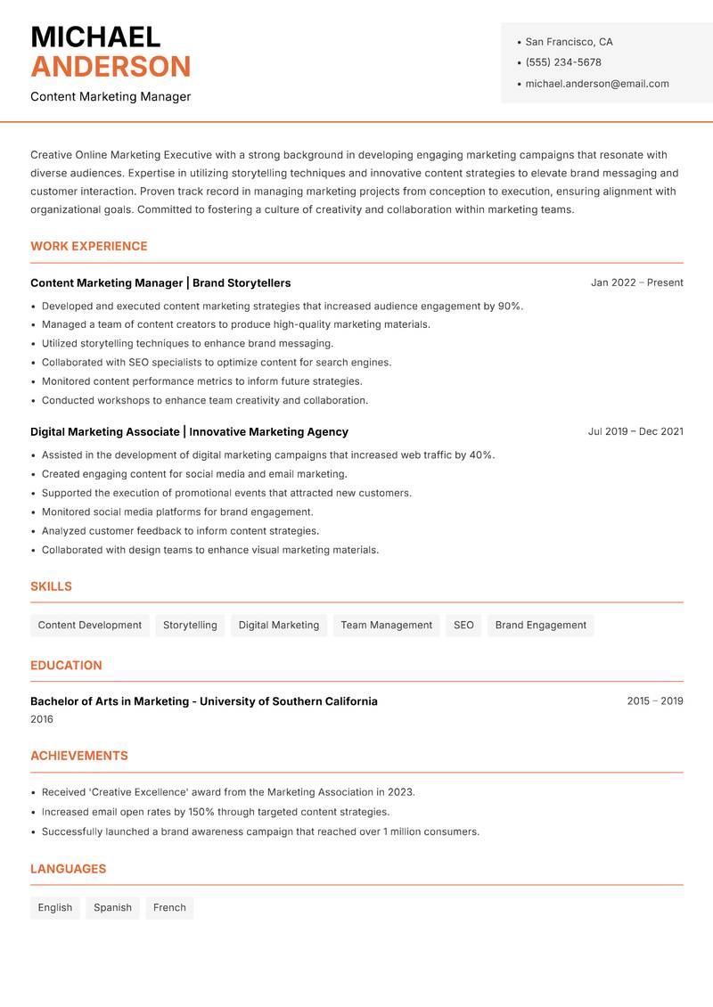 Online Marketing Executive resume sample — Content Marketing Manager focus